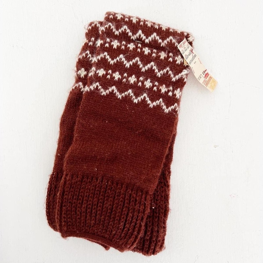 1980s Leg Warmers Brown Fair Isle Knit Wool Blend Vintage Zigzag Pattern NOS